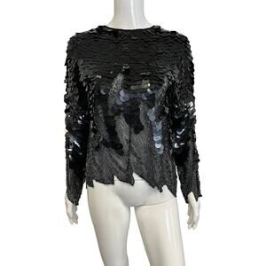 OLEG CASSINI Black Sequin Silk Beaded Embellished Vintage Blouse Top Size M
